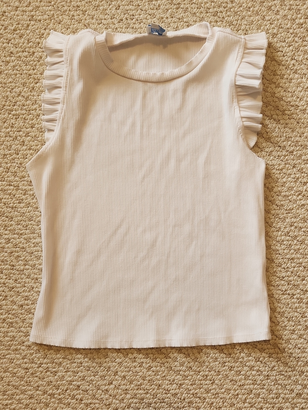 Blue Rain White Ribbed Tank with Ruffle Sleeves
